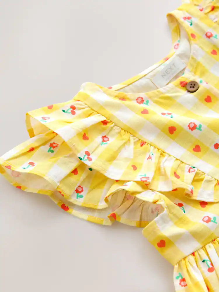 |Girl| Vestido Xadrez Amarelo Pastel Com Mangas Duplas e Babados (3 meses a 8 anos)