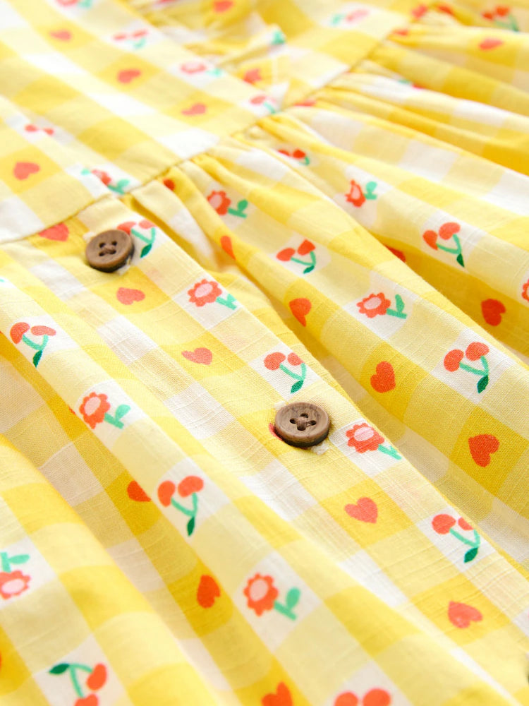 |Girl| Vestido Xadrez Amarelo Pastel Com Mangas Duplas e Babados (3 meses a 8 anos)