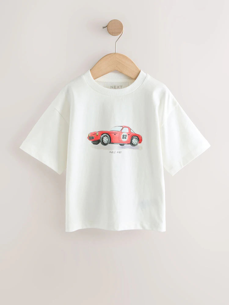 |Boy| Camiseta De Manga Curta Com Estampa De Carro Em Aquarela Branca (3 meses a 7 anos)
