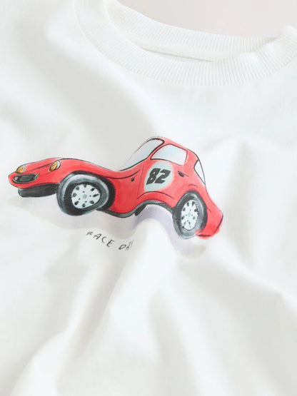 |Boy| Camiseta De Manga Curta Com Estampa De Carro Em Aquarela Branca (3 meses a 7 anos)