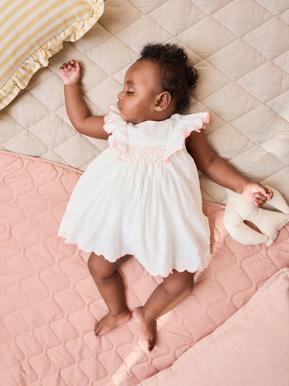 |BabyGirl| Conjunto De Vestido e Calcinha De Tecido Branco Para Bebê (2 peças, de 0 meses a 2 anos)