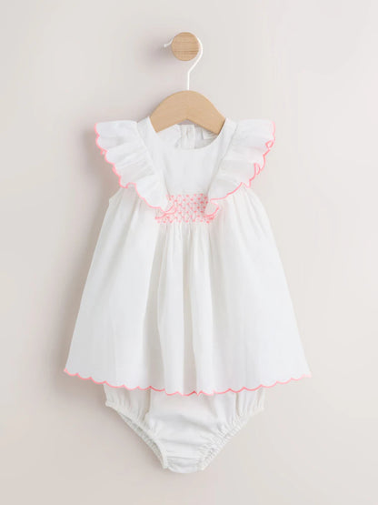|BabyGirl| Conjunto De Vestido e Calcinha De Tecido Branco Para Bebê (2 peças, de 0 meses a 2 anos)