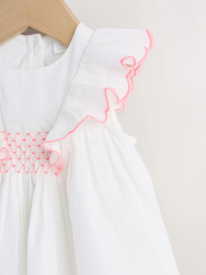 |BabyGirl| Conjunto De Vestido e Calcinha De Tecido Branco Para Bebê (2 peças, de 0 meses a 2 anos)