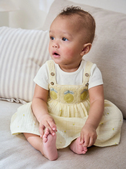 |BabyGirl| Conjunto De 2 Peças Com Jardineira De Crochê e Body (Limão Amarelo) – 0 meses a 2 anos