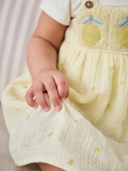 |BabyGirl| Conjunto De 2 Peças Com Jardineira De Crochê e Body (Limão Amarelo) – 0 meses a 2 anos