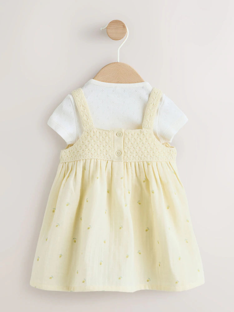 |BabyGirl| Conjunto De 2 Peças Com Jardineira De Crochê e Body (Limão Amarelo) – 0 meses a 2 anos