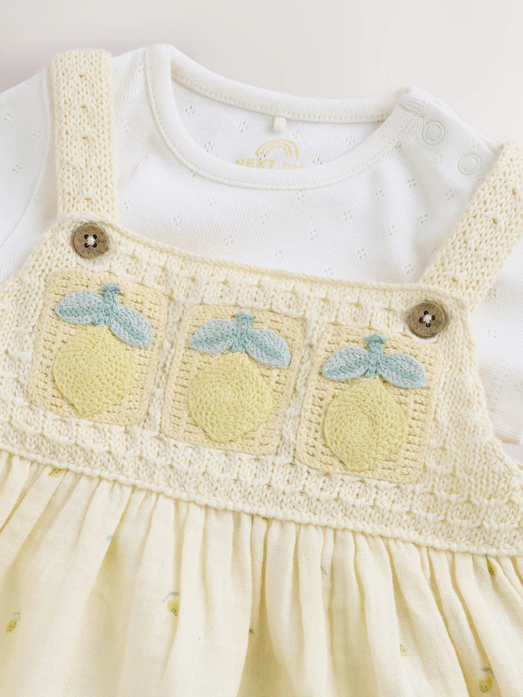 |BabyGirl| Conjunto De 2 Peças Com Jardineira De Crochê e Body (Limão Amarelo) – 0 meses a 2 anos