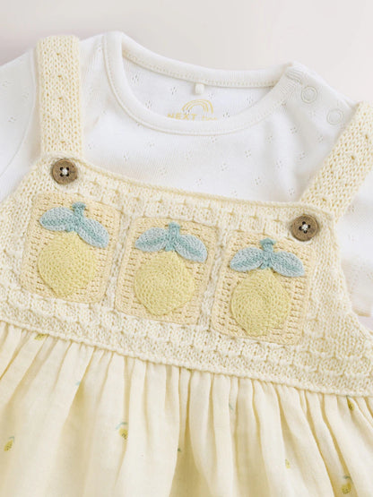 |BabyGirl| Conjunto De 2 Peças Com Jardineira De Crochê e Body (Limão Amarelo) – 0 meses a 2 anos