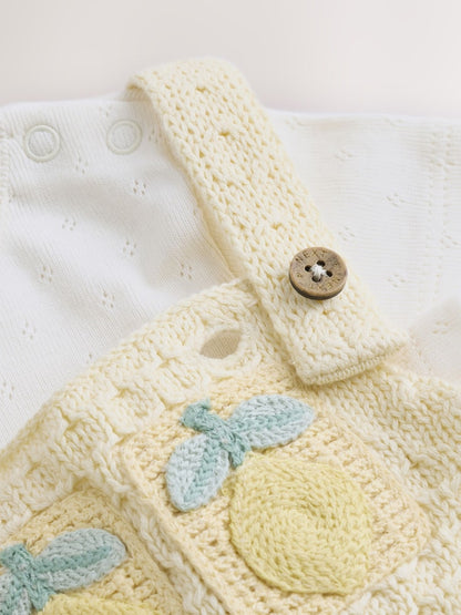 |BabyGirl| Conjunto De 2 Peças Com Jardineira De Crochê e Body (Limão Amarelo) – 0 meses a 2 anos