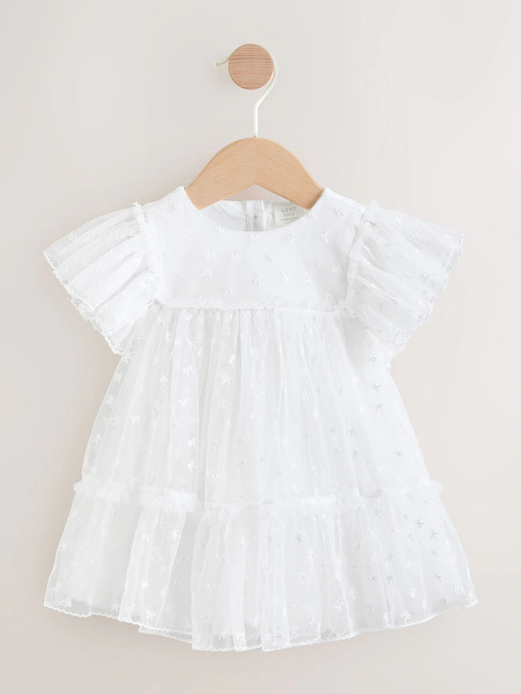 |BabyGirl| Vestido de Tule para Bebê com Laço Branco (0 meses a 2 anos)