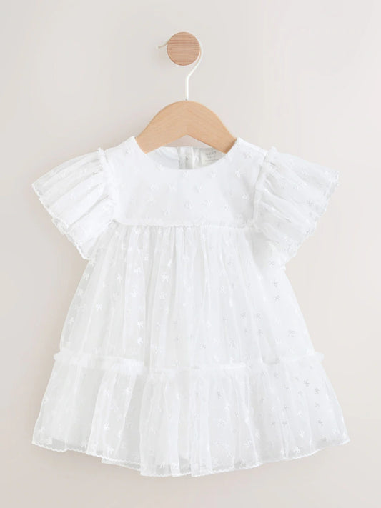|BabyGirl| Vestido de Tule para Bebê com Laço Branco (0 meses a 2 anos)
