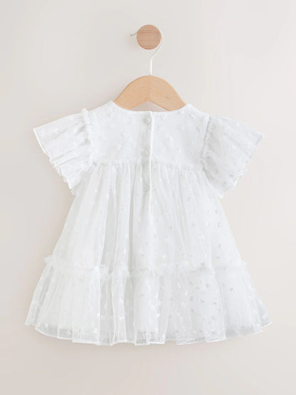 |BabyGirl| Vestido de Tule para Bebê com Laço Branco (0 meses a 2 anos)