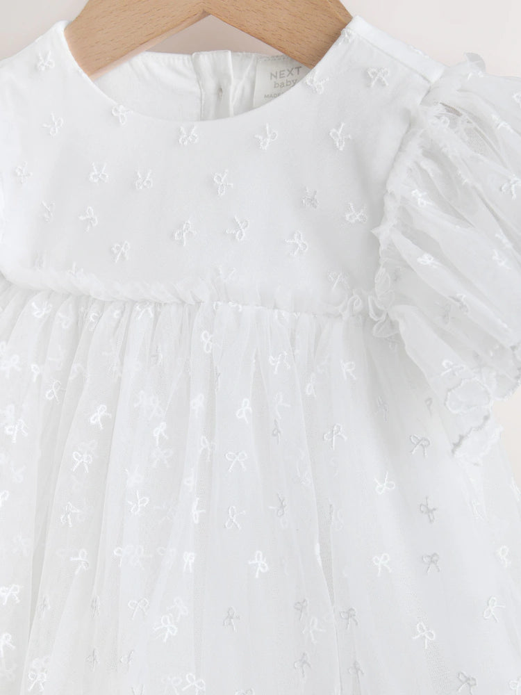 |BabyGirl| Vestido de Tule para Bebê com Laço Branco (0 meses a 2 anos)