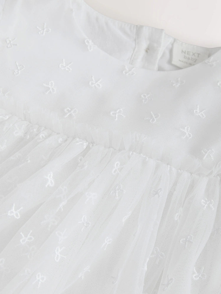 |BabyGirl| Vestido de Tule para Bebê com Laço Branco (0 meses a 2 anos)