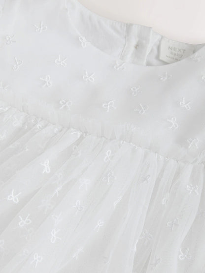 |BabyGirl| Vestido de Tule para Bebê com Laço Branco (0 meses a 2 anos)