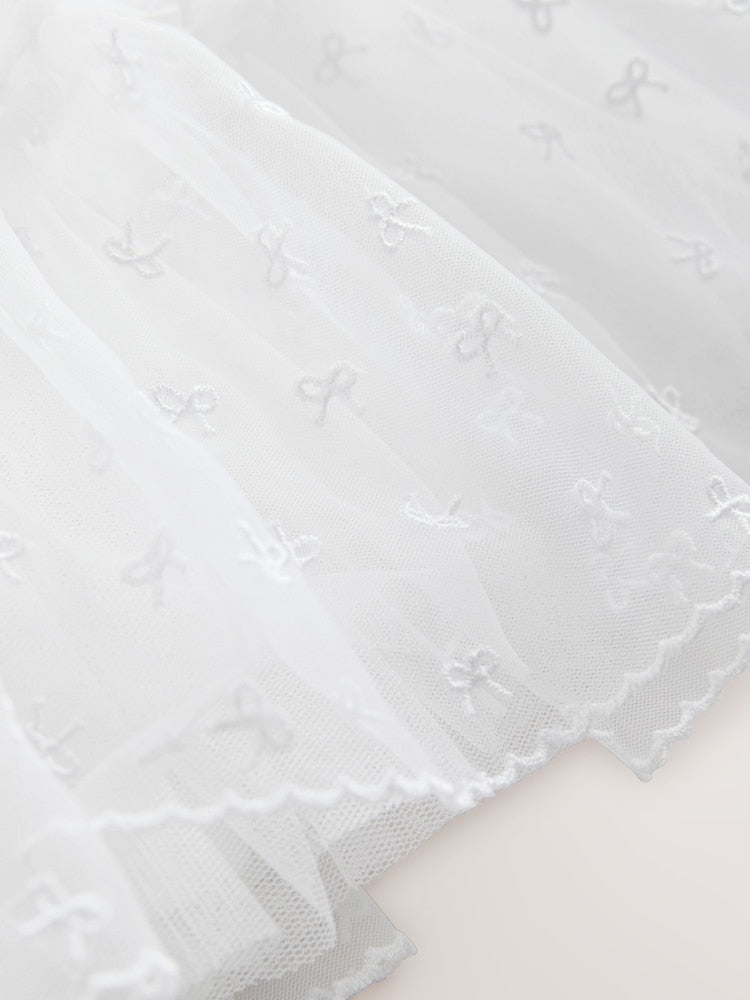 |BabyGirl| Vestido de Tule para Bebê com Laço Branco (0 meses a 2 anos)