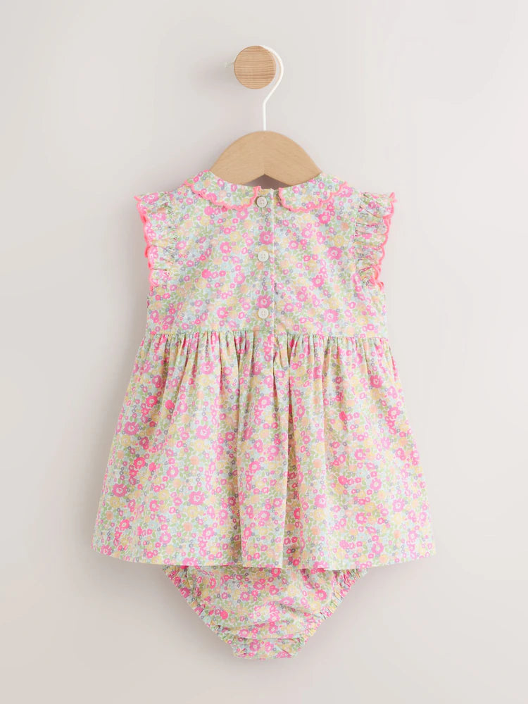 |BabyGirl| Conjunto De Vestido e Calcinha De Bebê Em Tecido Rosa Floral (2 peças, 0 meses a 2 anos)