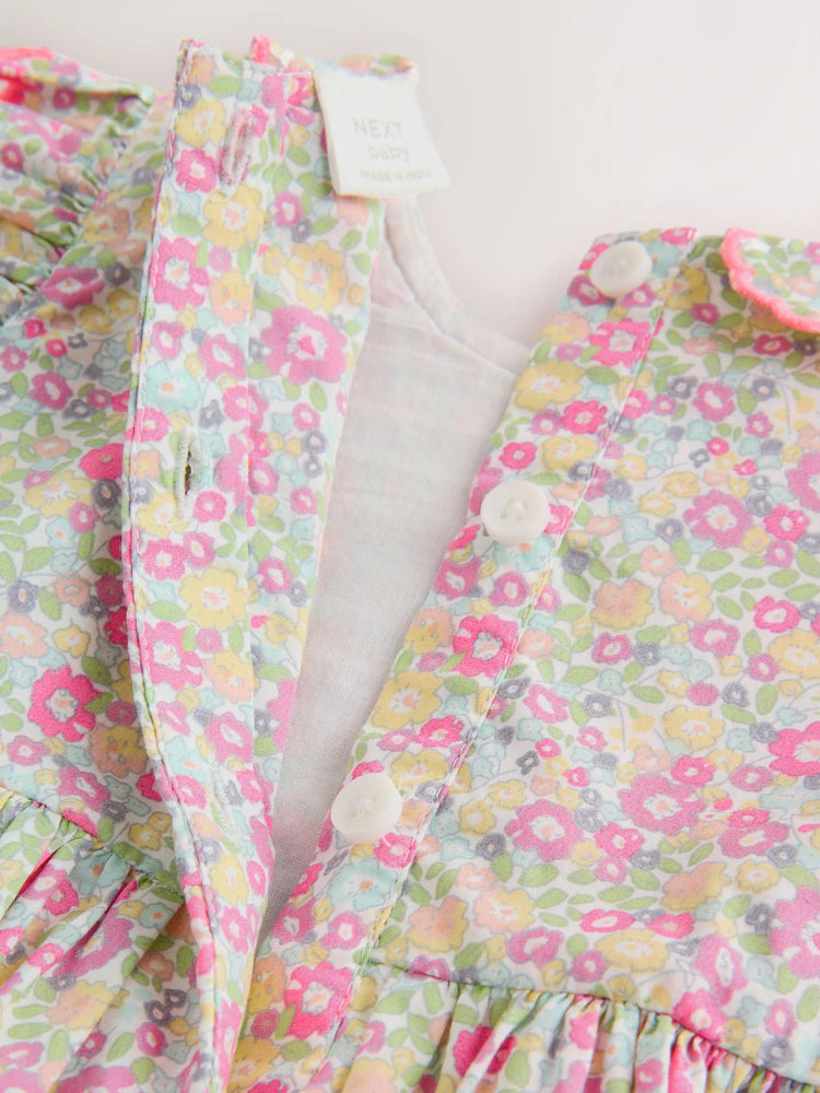 |BabyGirl| Conjunto De Vestido e Calcinha De Bebê Em Tecido Rosa Floral (2 peças, 0 meses a 2 anos)