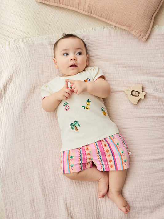 |BabyGirl| Conjunto De 2 Peças Para Bebê, Cor Cru Tropical, Composto Por Blusa De Manga Curta e shorts (0 meses a 2 anos)
