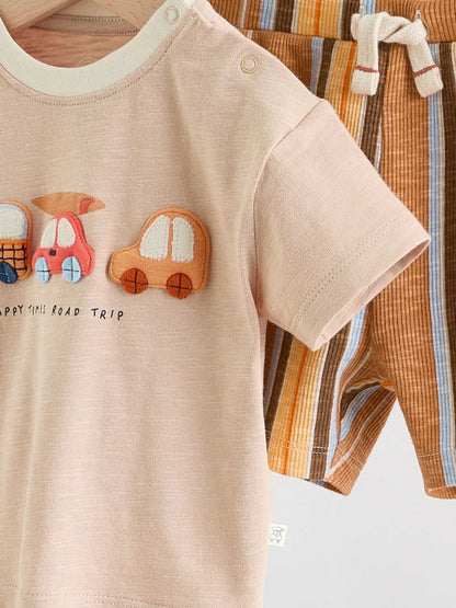 |BabyBoy| Conjunto Infantil Com Blusa e Shorts Estampados Com Carros Laranja (0 meses a 2 anos)