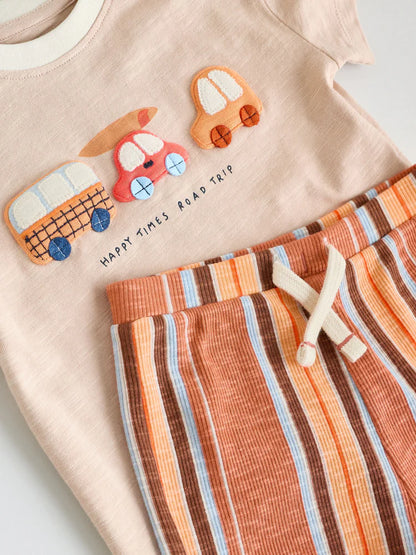 |BabyBoy| Conjunto Infantil Com Blusa e Shorts Estampados Com Carros Laranja (0 meses a 2 anos)