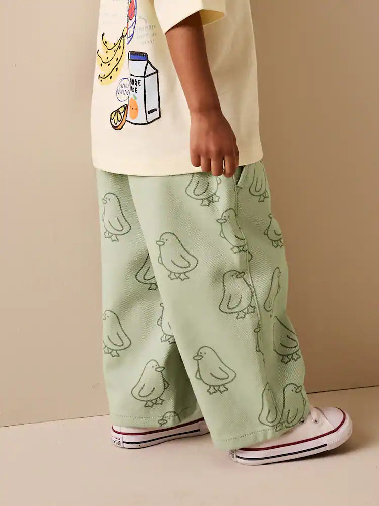 |Girl| Calças Largas Com Estampa De Patinhos Verdes (3 meses a 7 anos)