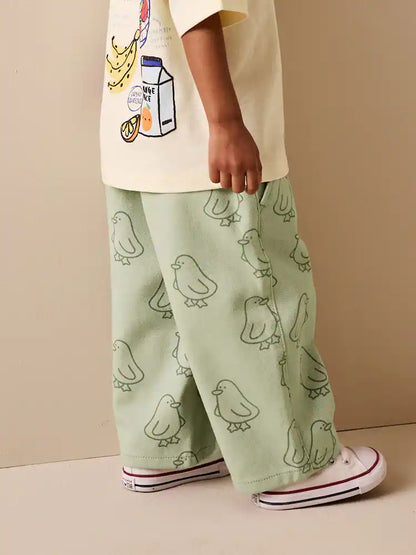 |Girl| Calças Largas Com Estampa De Patinhos Verdes (3 meses a 7 anos)