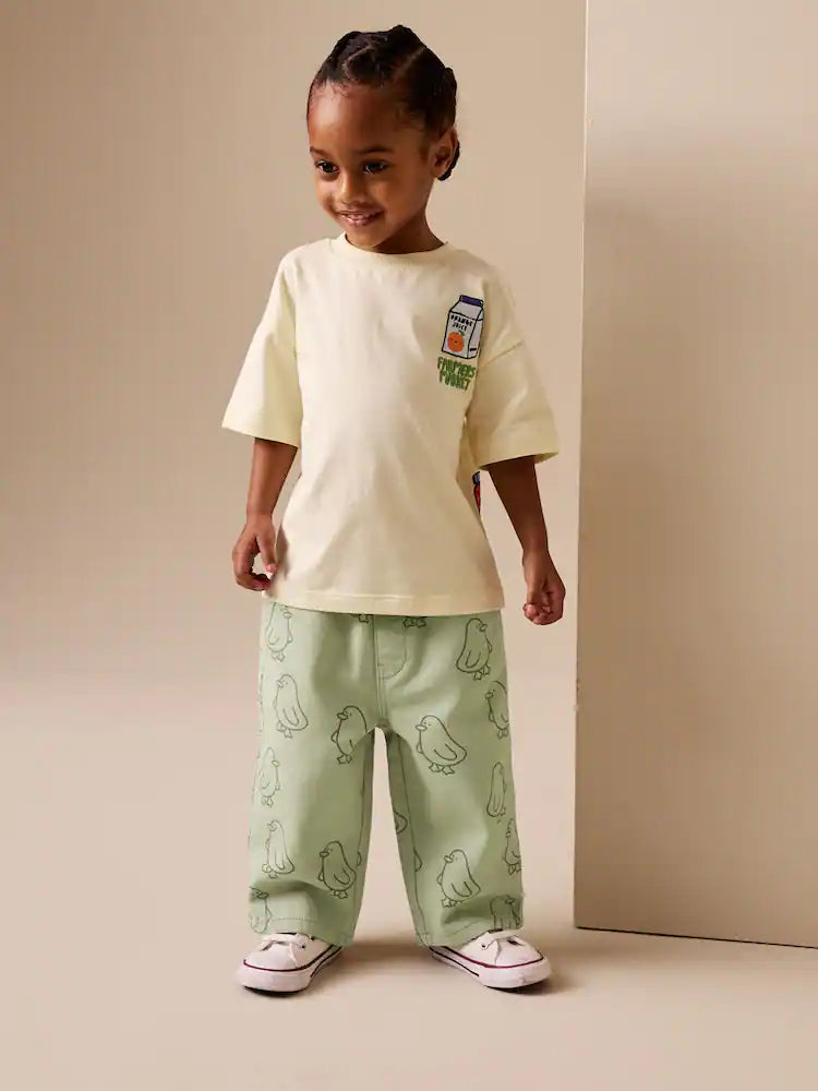 |Girl| Calças Largas Com Estampa De Patinhos Verdes (3 meses a 7 anos)