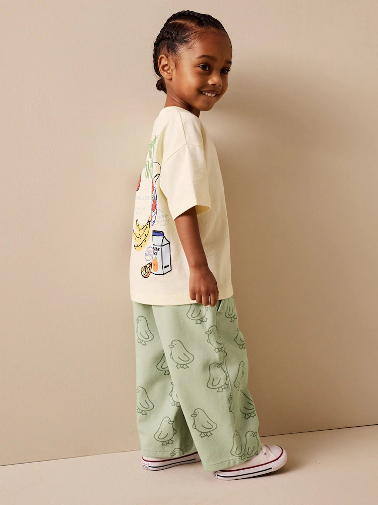 |Girl| Calças Largas Com Estampa De Patinhos Verdes (3 meses a 7 anos)