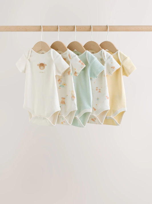 |BabyBoy| Conjunto Com 5 Bodies De Manga Curta Para Bebês, Nas Cores Bege e Branco