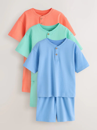 |Boy| Conjunto Com 3 Pijamas Curtos Lisos Em Tons Pastel Azul/Verde/Laranja (9 meses a 10 anos)