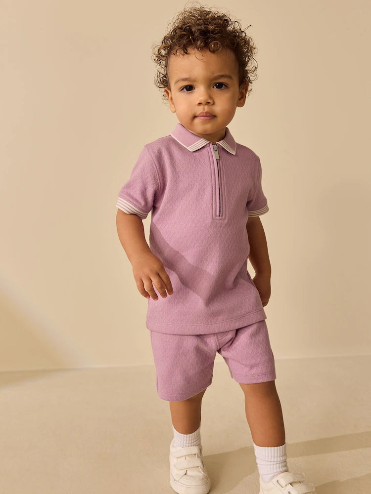 |Boy| Conjunto De Camisa Polo Rosa Com Zíper No Pescoço e Shorts (3 meses a 7 anos)