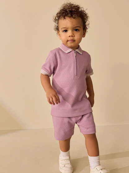 |Boy| Conjunto De Camisa Polo Rosa Com Zíper No Pescoço e Shorts (3 meses a 7 anos)