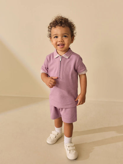 |Boy| Conjunto De Camisa Polo Rosa Com Zíper No Pescoço e Shorts (3 meses a 7 anos)