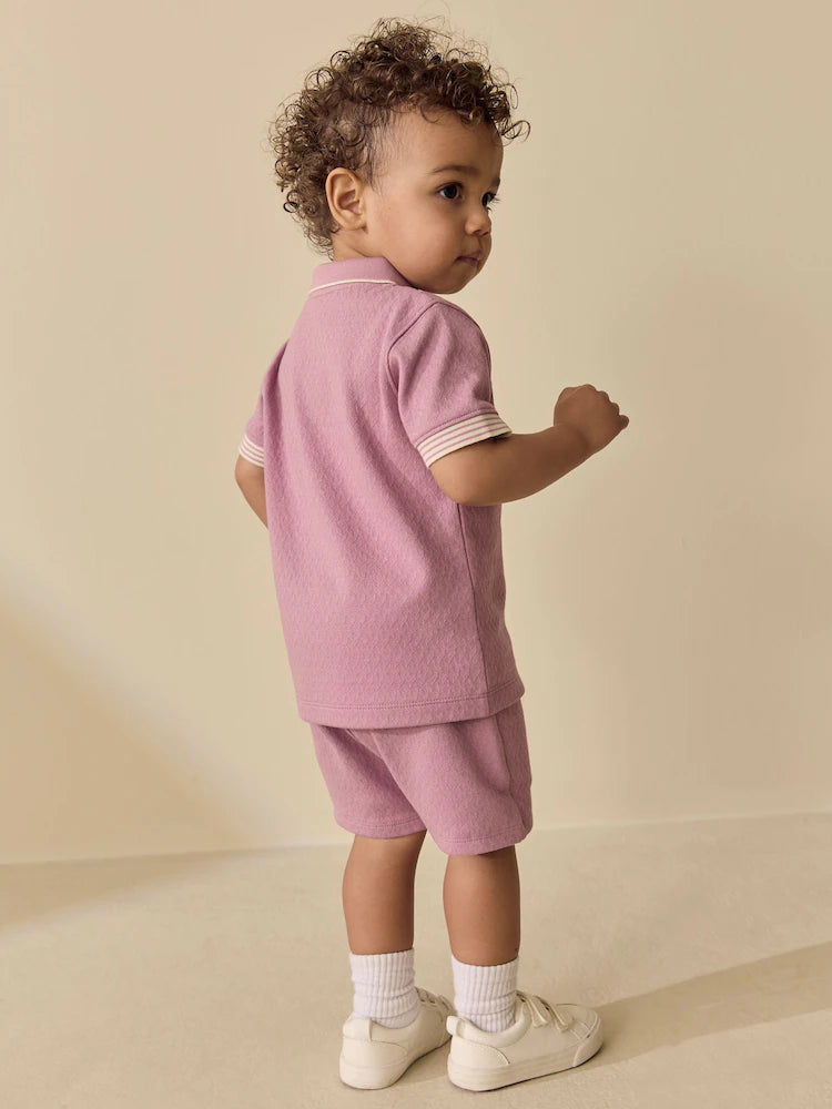 |Boy| Conjunto De Camisa Polo Rosa Com Zíper No Pescoço e Shorts (3 meses a 7 anos)