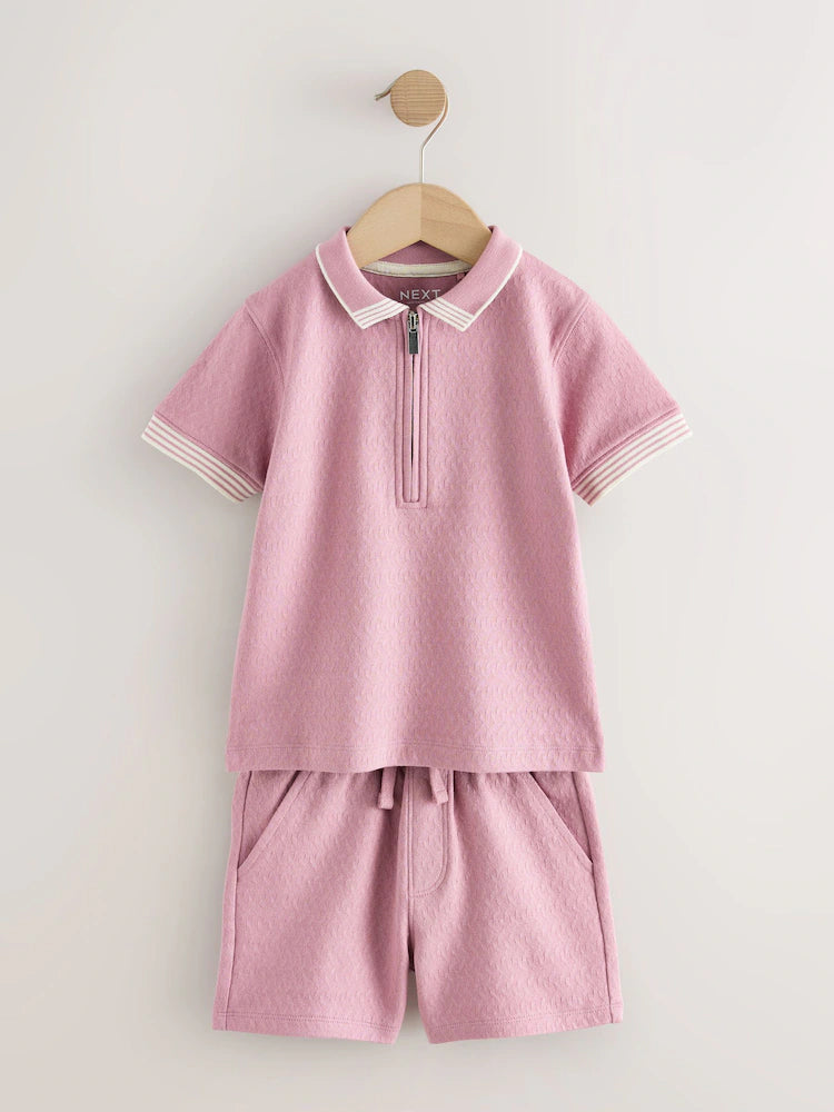 |Boy| Conjunto De Camisa Polo Rosa Com Zíper No Pescoço e Shorts (3 meses a 7 anos)