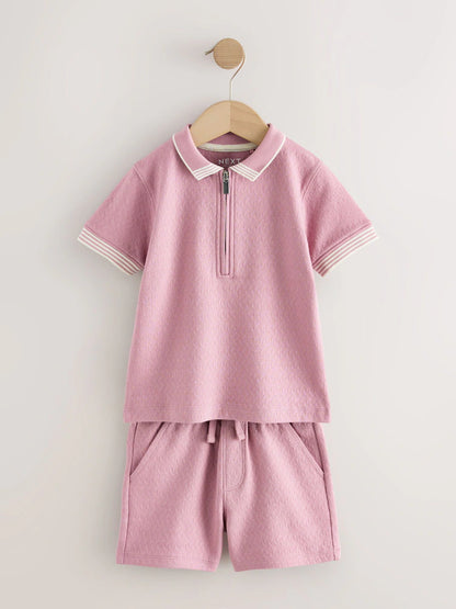 |Boy| Conjunto De Camisa Polo Rosa Com Zíper No Pescoço e Shorts (3 meses a 7 anos)
