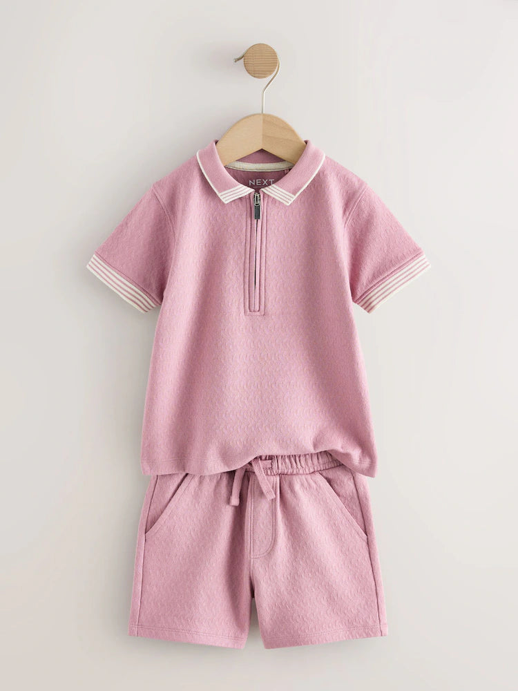 |Boy| Conjunto De Camisa Polo Rosa Com Zíper No Pescoço e Shorts (3 meses a 7 anos)