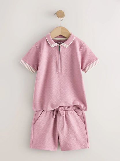 |Boy| Conjunto De Camisa Polo Rosa Com Zíper No Pescoço e Shorts (3 meses a 7 anos)
