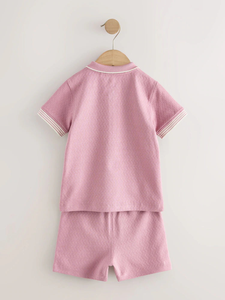 |Boy| Conjunto De Camisa Polo Rosa Com Zíper No Pescoço e Shorts (3 meses a 7 anos)