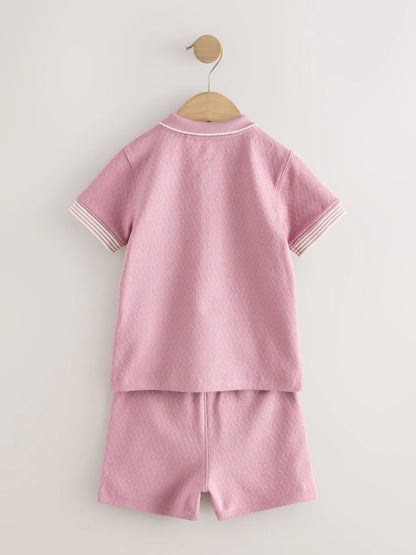 |Boy| Conjunto De Camisa Polo Rosa Com Zíper No Pescoço e Shorts (3 meses a 7 anos)