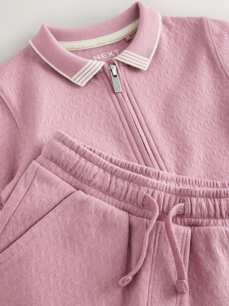 |Boy| Conjunto De Camisa Polo Rosa Com Zíper No Pescoço e Shorts (3 meses a 7 anos)