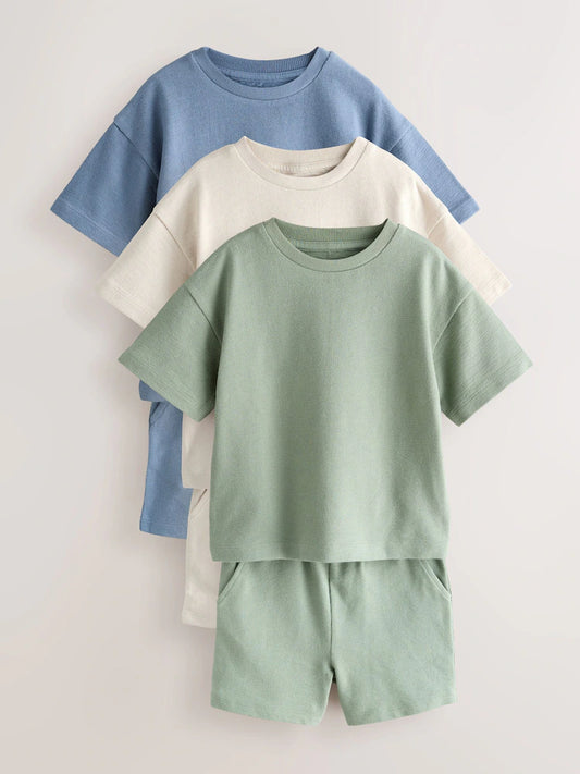 |Boy| Conjunto De Camiseta De Manga Curta e Shorts Texturizados Em Azul/Verde/Neutro (3 peças, tamanhos de 3 meses a 7 anos)