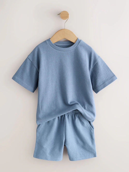 |Boy| Conjunto De Camiseta De Manga Curta e Shorts Texturizados Em Azul/Verde/Neutro (3 peças, tamanhos de 3 meses a 7 anos)