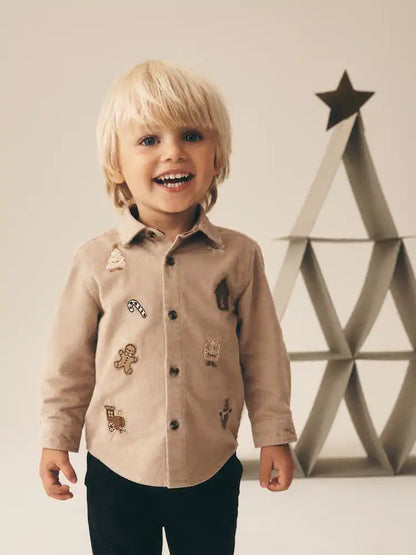 |Boy| Camisa De Natal Bege-amarronzada De Manga Longa Com Bordado Em Toda a Peça (3 meses a 10 anos)