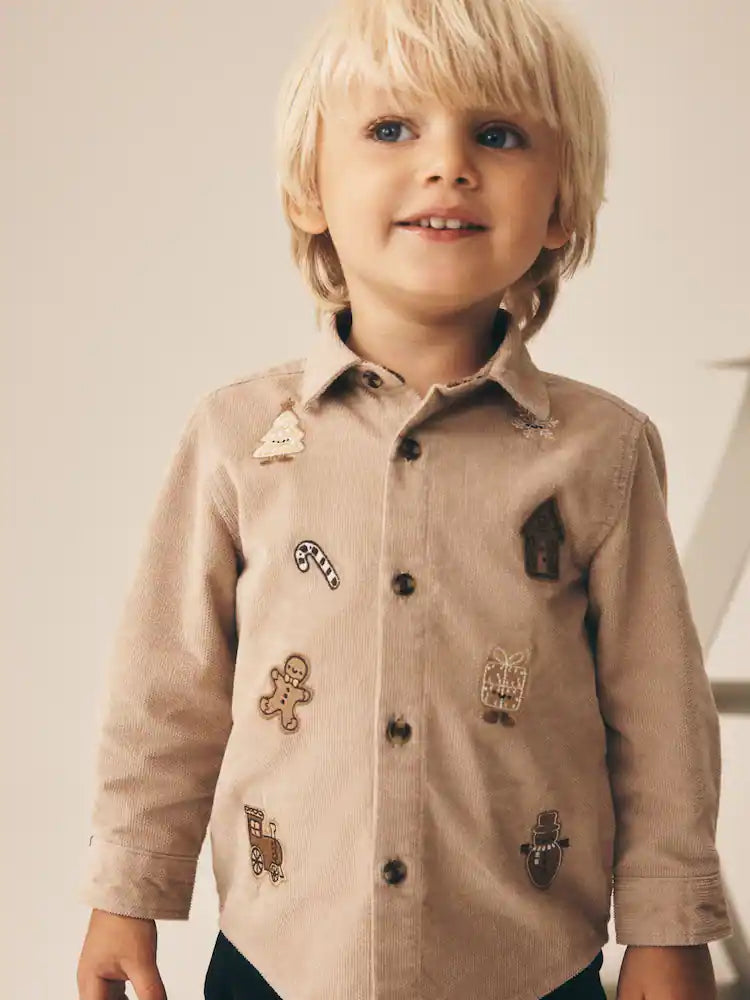 |Boy| Camisa De Natal Bege-amarronzada De Manga Longa Com Bordado Em Toda a Peça (3 meses a 10 anos)