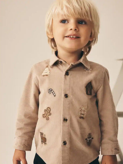 |Boy| Camisa De Natal Bege-amarronzada De Manga Longa Com Bordado Em Toda a Peça (3 meses a 10 anos)