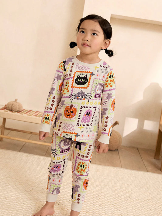 |Girl| Pijama Aconchegante de Patchwork Multicolorido com Personagens de Halloween (9 meses a 12 anos)