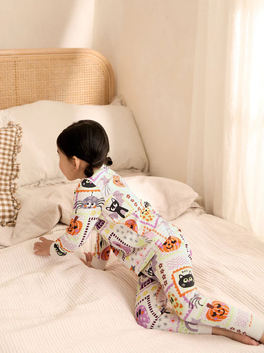 |Girl| Pijama Aconchegante de Patchwork Multicolorido com Personagens de Halloween (9 meses a 12 anos)