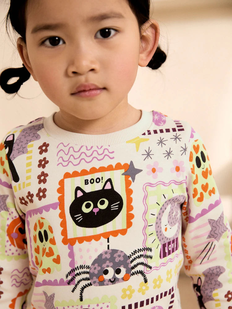 |Girl| Pijama Aconchegante de Patchwork Multicolorido com Personagens de Halloween (9 meses a 12 anos)